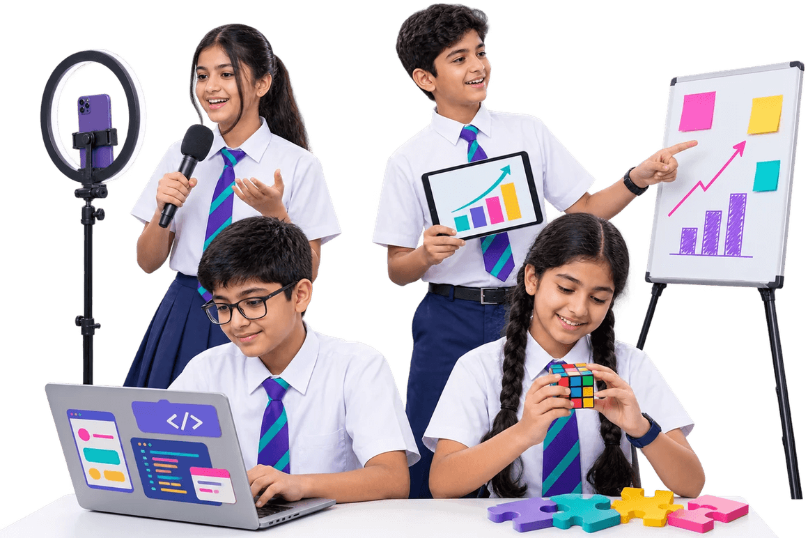 School students building an app, recording content, pitching a business idea and solving a 3 by 3 puzzle cube
